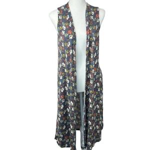 LuLaRoe Joy Women's Sleeveless Duster Vest Size S Floral Gray Ribbed Long